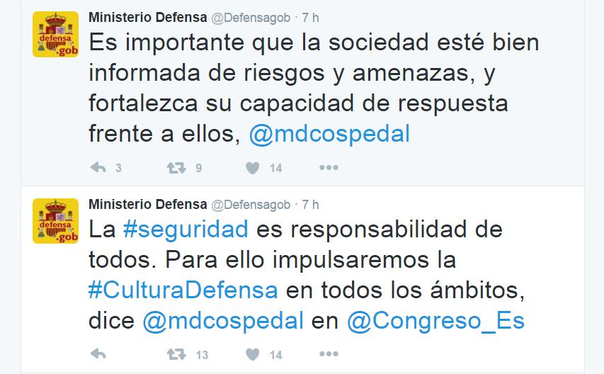 Tuits de la cuenta del Ministerio de Defensa recogiendo la comparecencia ante la Comisin de Defensa del Congreso de los Diputados de la ministra De Cospedal