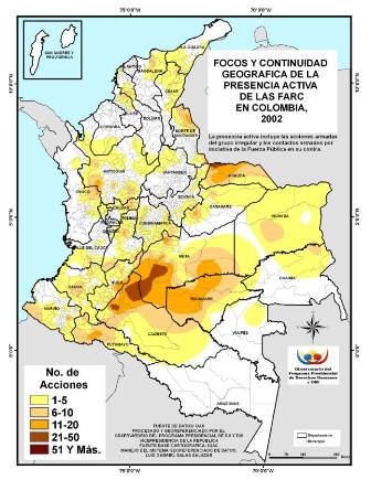 Presencia de las FARC en Colombia en el ao 2002. Fuente: Observatorio de Derechos Humanos y DIH de la Vicepresidencia de la Repblica (2014)