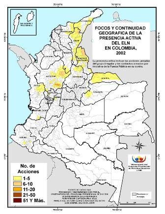 Presencia del ELN en Colombia en el ao 2002. Fuente: Observatorio de Derechos Humanos y DIH de la Vicepresidencia de la Repblica (2014)