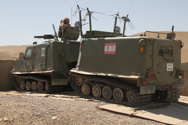 Bicabina blindado Bv-206S de origen sueco adoptado por el ET español, desplegado en el complejo teatro de operaciones afgano. Se observan las antenas asociadas a los equipos contra dispositivos explosivos improvisados (foto JTM/ET).