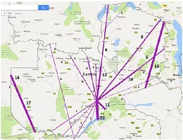 Flujos principales de la red de rutas domsticas de Zambia.