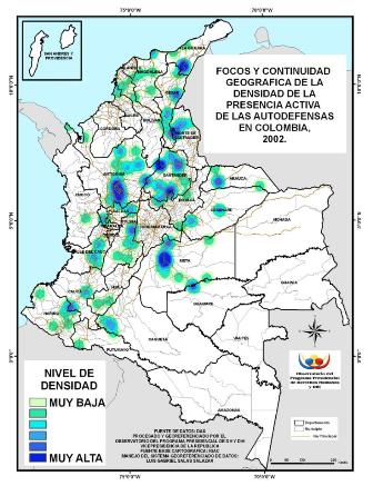 Presencia de las AUC en Colombia en el año 2002. Fuente: Observatorio de Derechos Humanos y DIH de la Vicepresidencia de la República (2014).