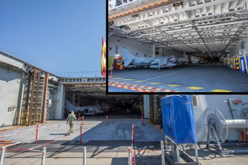 En la parte posterior del buque encontramos otro de los elevadores, este da acceso al hangar de nada menos que 990 metros² En la parte posterior del buque encontramos otro de los elevadores, este da acceso al hangar de nada menos que 990 metros²