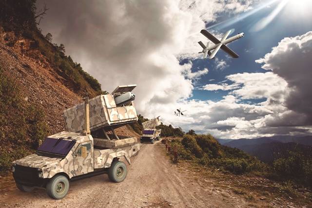 Pequeños contenedores precargados con 6 municiones avanzadas pueden ser desplegados por vehículos compactos en el punto en el que se desee emplear el sistema (foto UVision). Pequeños contenedores precargados con 6 municiones avanzadas pueden ser desplegados por vehículos compactos en el punto en el que se desee emplear el sistema (foto UVision).