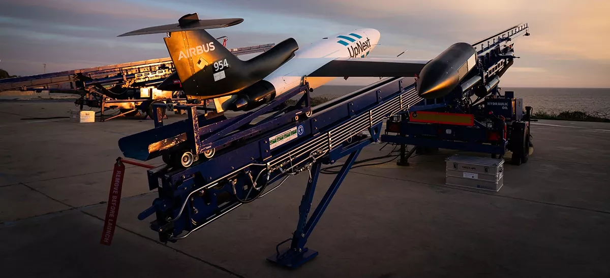 Dron DT-25 en su plataforma de lanzamiento. Foto: Airbus Dron DT-25 en su plataforma de lanzamiento. Foto: Airbus