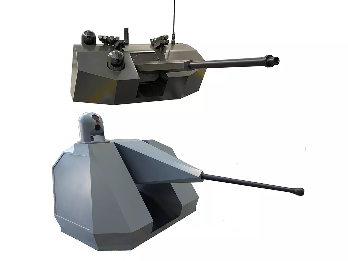 La nueva torre terrestre HITFIST 30 UL (arriba) y la torre naval LIONFISH 30 LIONFISH 30, ambas de Leonardo. Foto: Leonardo La nueva torre terrestre HITFIST 30 UL (arriba) y la torre naval LIONFISH 30 LIONFISH 30, ambas de Leonardo. Foto: Leonardo