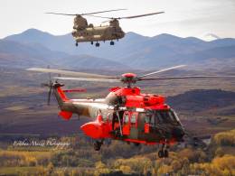 Un Cougar del BHELEME II y un Chinook del BHELTRA V volando en patrulla con las monta�as de fondo.