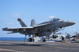 Un  F/A-18E acaba de ser catapultado de la cubierta del USS Gerald Ford y est a punto de comenzar su misin (foto Jurgen van Toor).