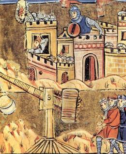 Disparo de un almajaneque contra una fortaleza.