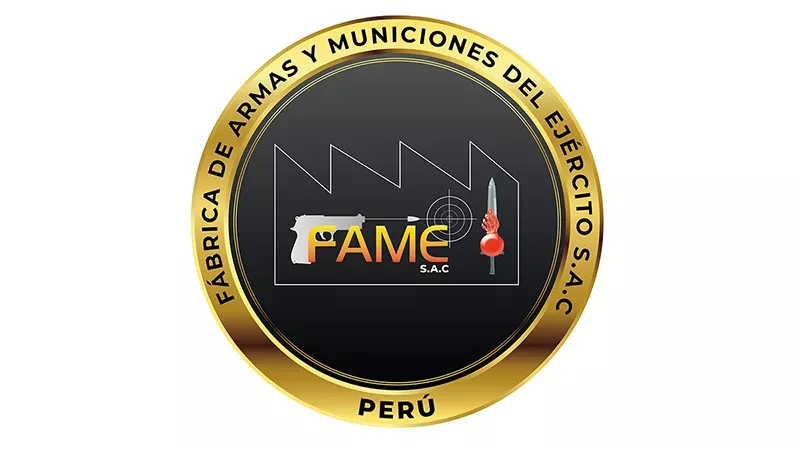 Logo de la Fábrica de Armas y Municiones del Ejército (FAME SAC). Logo con forma circular de la Fábrica de Armas y Municiones del Ejército (FAME SAC).
