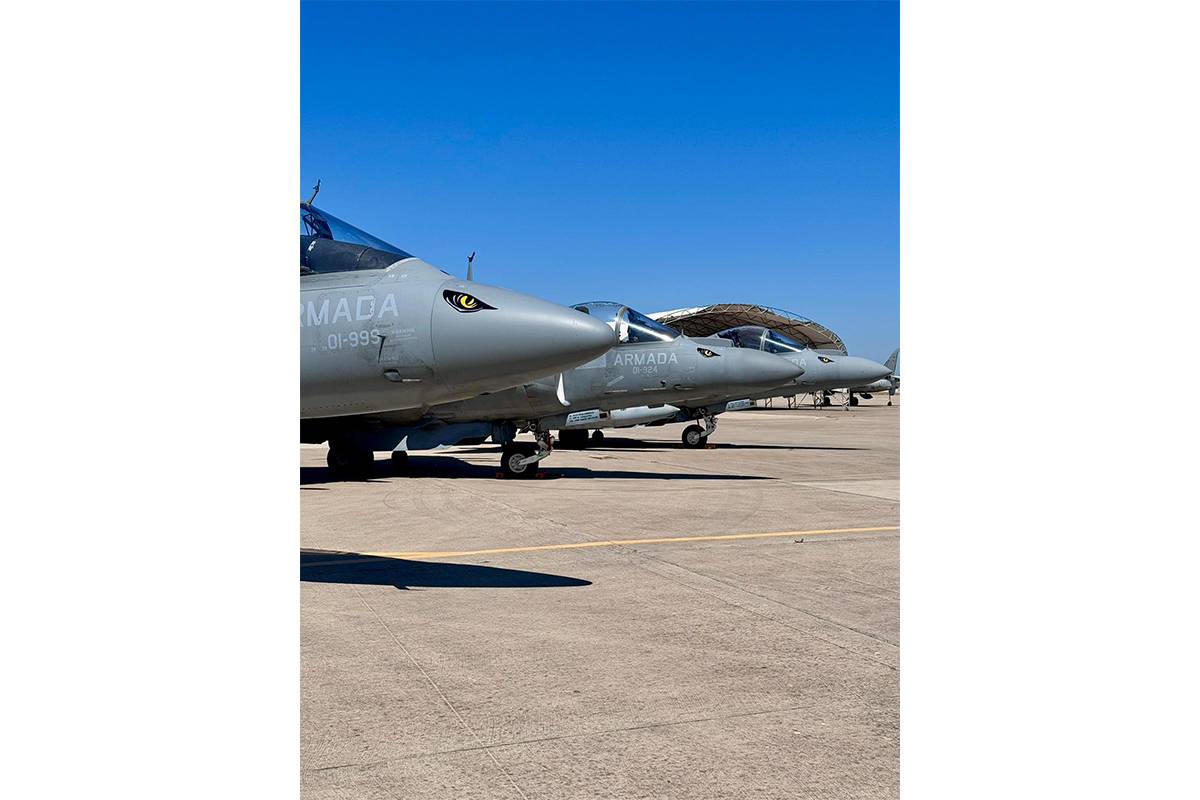 Los tres “Harrier” II llevan en la parte delantera los “ojos” de la cobra, que es el código radio de la Novena Escuadrilla. (Foto FLOAN) Los tres “Harrier” II llevan en la parte delantera los “ojos” de la cobra, que es el código radio de la Novena Escuadrilla. (Foto FLOAN)