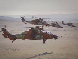 Un helicptero de ataque EC-665 Tigre haciendo fuego con cohetes sobre un objetivo. (Esteban Maiza)