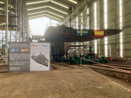 Puesta de la quilla del primer navo multimisin de la en los astilleros Armn de Vigo. (Foto: FMV)