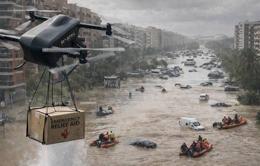 UAV de Skyboria transportando cargas en un escenario de simulaci�n de cat�strofe.  
