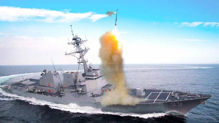 Imagen digital de un destructor de la clase �Arleigh Burke� disparando un misil �Patriot� PAC-3 MSE.  (foto RTX Corporation)