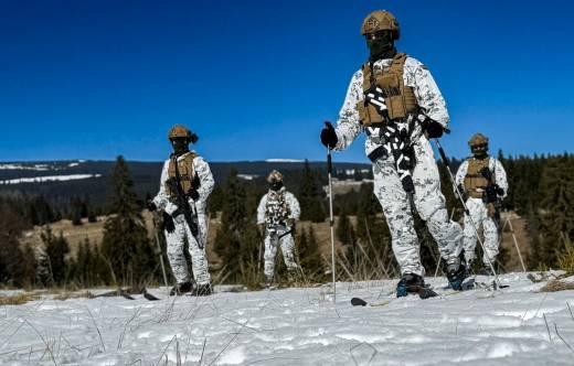 Cuatro infantes de Marina avanzan en las monta�as con sus nuevos trajes de enmascaramiento. (foto EMAD)