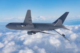 El primero de los KC-46 para la Fuerza A�rea y del Espacio de Israel durante un vuelo de pruebas en Estados Unidos. (Foto IMOD)